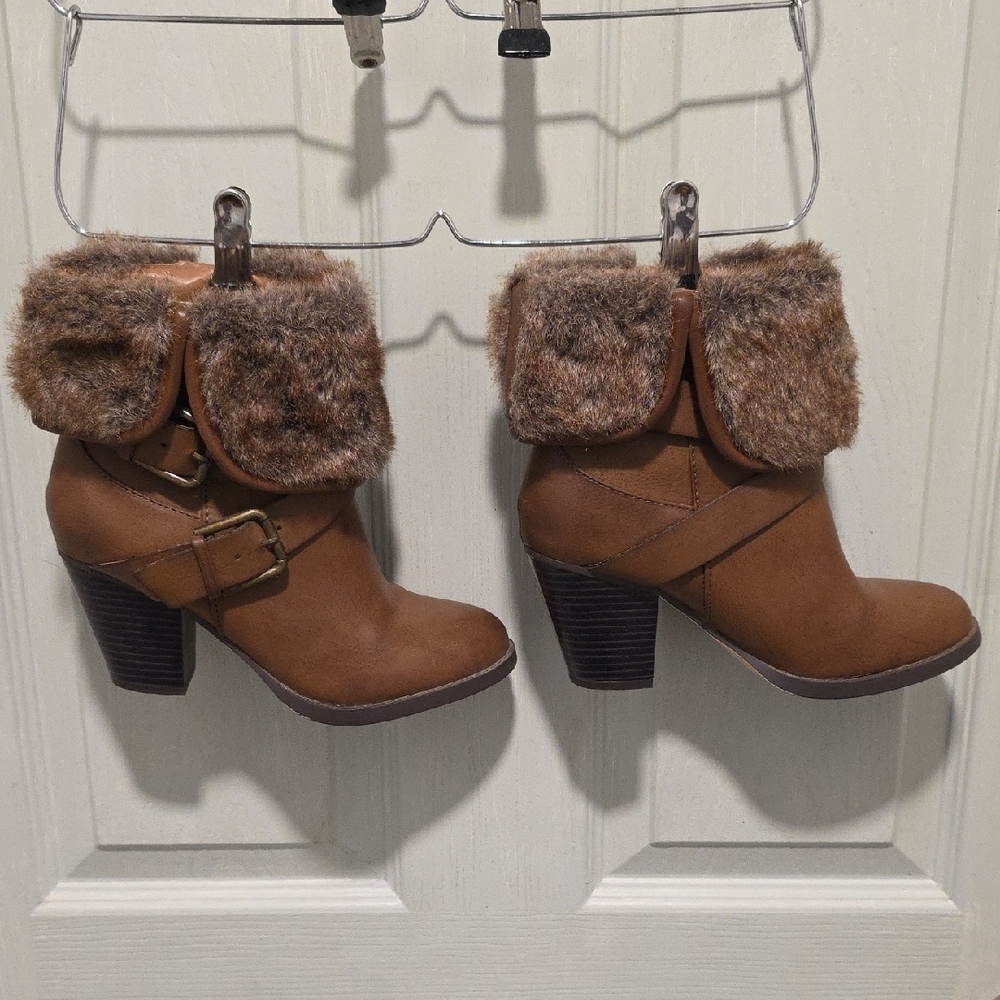 JustFab McKinley Brown Block 3 Inch Heel Boots with Faux Fur Cuff - Picture 10 of 15